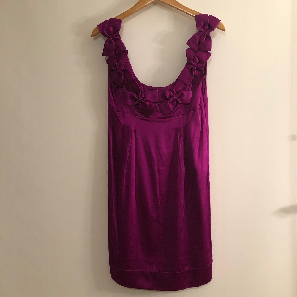Fuschia Silk scoop neck dress with bow neckline